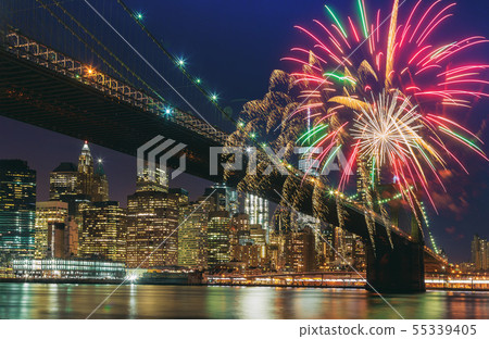 Colorful holiday fireworks panoramic view New York 55339405