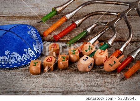 Hanukkah background with menorah, dreidel over Hanukkah background with menorah, dreidel over 55339543