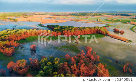 Sunset River Aerial Landscape Cinematic Drone Footage. Flying above Dniestr river in Ukraine or Sunset River Aerial Landscape Cinematic Drone Footage. Flying above Dniestr river in Ukraine or 55340091