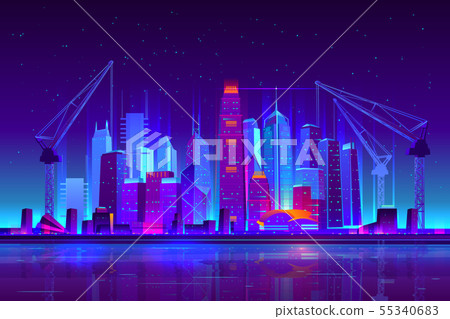 Night neon city building with construction cranes 55340683