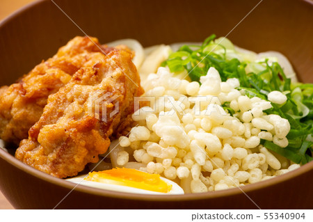 Deep-fried chicken with boiled egg topping, bukkake udon (chilled). Deep-fried chicken with boiled egg topping, bukkake udon (chilled). 55340904