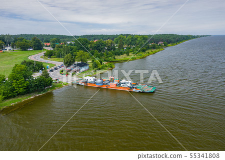 Aerial view of ferry at the Vistula river mouth to Aerial view of ferry at the Vistula river mouth to 55341808