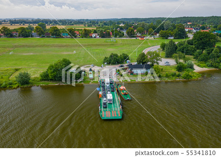 Aerial view of ferry at the Vistula river mouth to Aerial view of ferry at the Vistula river mouth to 55341810