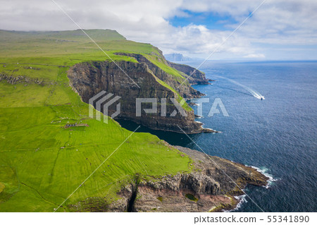 Aerial view of Mykines island in Faroe Islands, 55341890