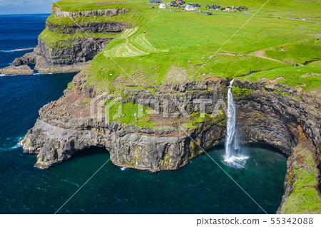 Aerial view of Mulafossur waterfall in Gasadalur 55342088