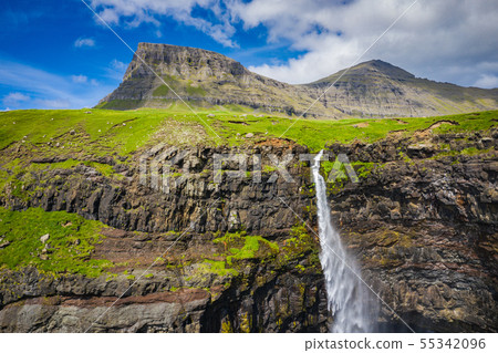 Aerial view of Mulafossur waterfall in Gasadalur Aerial view of Mulafossur waterfall in Gasadalur 55342096
