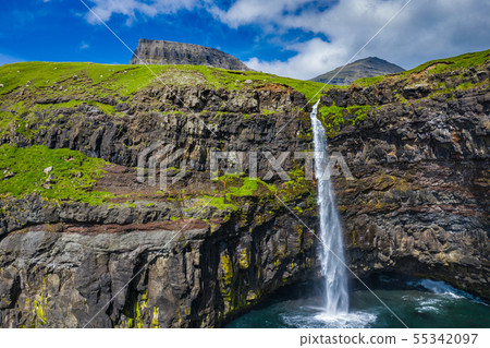 Aerial view of Mulafossur waterfall in Gasadalur Aerial view of Mulafossur waterfall in Gasadalur 55342097