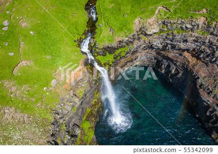 Aerial view of Mulafossur waterfall in Gasadalur Aerial view of Mulafossur waterfall in Gasadalur 55342099