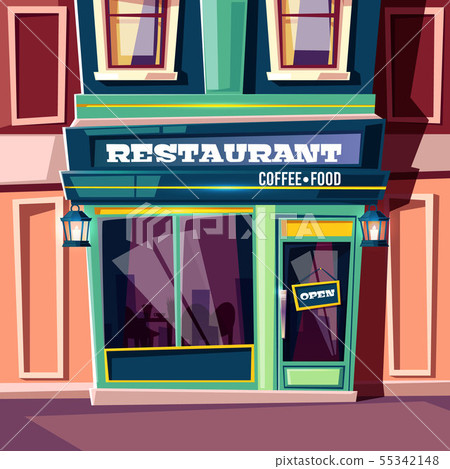 Street cafe in city house facade cartoon 55342148