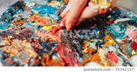 colorful palette lefthanded artist mixing paint colorful palette lefthanded artist mixing paint 55342157