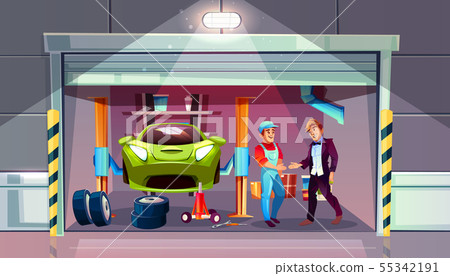 Car garage mechanic and client interior 55342191