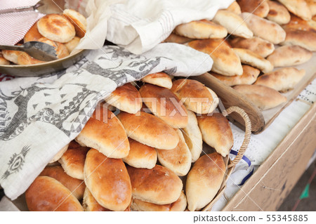 Assorted homemade pies are on a table Assorted homemade pies are on a table 55345885