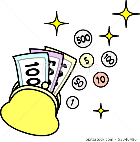 黃色錢包硬幣和鈔票閃爍 黃色錢包硬幣和鈔票閃爍 55346486