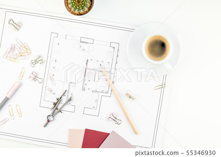 Interior designer table workplace with house plan Interior designer table workplace with house plan 55346930