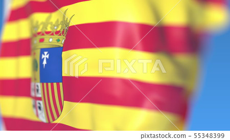 Waving flag of Aragon, an autonomous community in Spain. Close-up, 3D rendering Waving flag of Aragon, an autonomous community in Spain. Close-up, 3D rendering 55348399