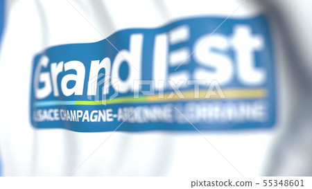 Waving flag with logo of Grand Est, a region of France. Close-up, 3D rendering 55348601