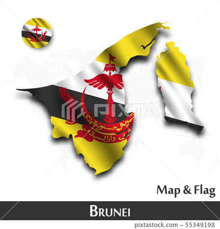 Brunei map and flag . Waving textile design . Dot 55349198