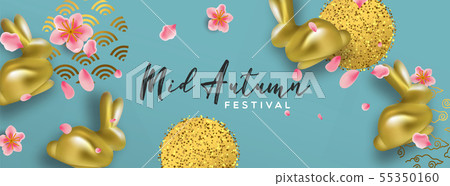 Mid autumn banner gold rabbit and 3d pink flower 55350160