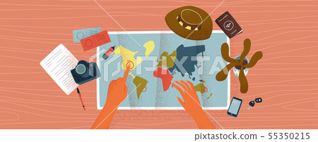 Woman hands on desk with world map for travel plan 55350215