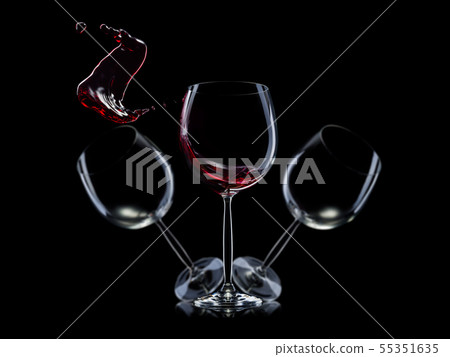 Set of empty glasses for red wine with splashes in a row isolated on black background. Set of empty glasses for red wine with splashes in a row isolated on black background. 55351635