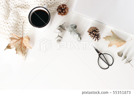 Autumn, fall workspace composition with closed laptop. Cup of coffee, wool blanket, autumn leaves 55351873