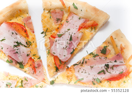 Pizza slice isolated on white background, with onions, bacon and cherry tomatoes, thin pastry crust Pizza slice isolated on white background, with onions, bacon and cherry tomatoes, thin pastry crust 55352128