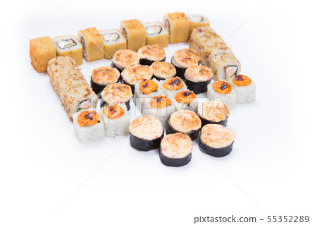 Japanese food restaurant, sushi maki gunkan roll plate or platter set. California Sushi rolls with 55352289