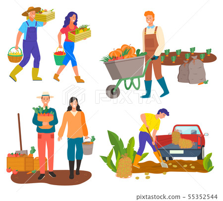Woman and Man Farming, Harvesting People Vector Woman and Man Farming, Harvesting People Vector 55352544