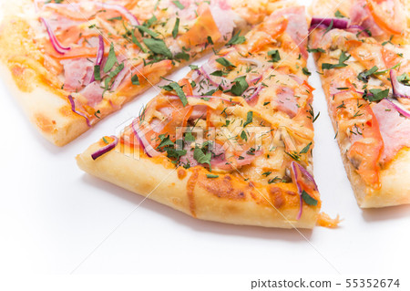 Pizza slice top view isolated on white background, with onions, bacon and cherry tomatoes, thin 55352674