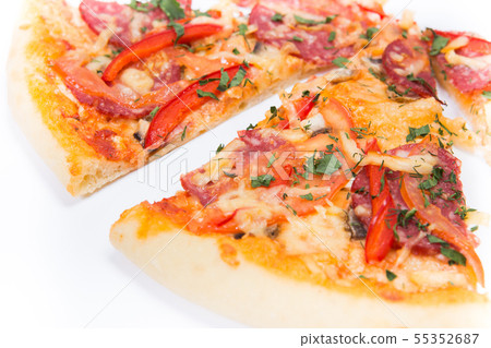 Pizza slice top view isolated on white background, with onions, bacon and cherry tomatoes, thin Pizza slice top view isolated on white background, with onions, bacon and cherry tomatoes, thin 55352687