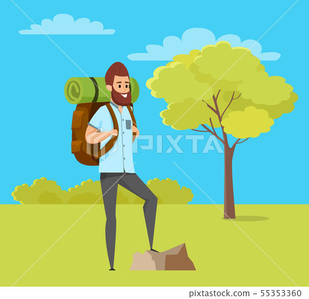 Man Hiking, Green Nature, Travel Hobby Vector Man Hiking, Green Nature, Travel Hobby Vector 55353360