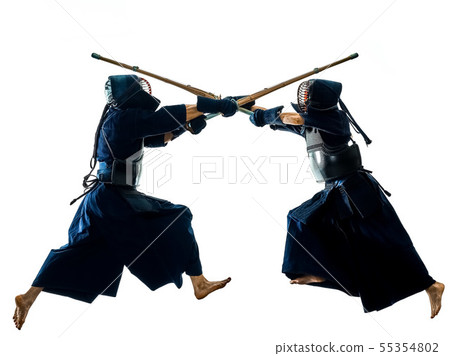 Kendo martial arts fighters silhouette isolated white bacground Kendo martial arts fighters silhouette isolated white bacground 55354802