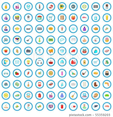 100 shopping products icons set, cartoon style 55359203