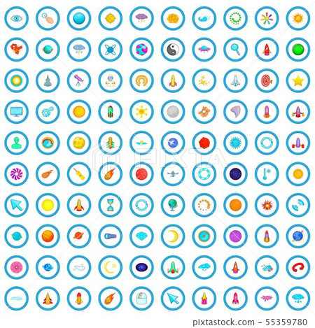 100 space research icons set, cartoon style 55359780