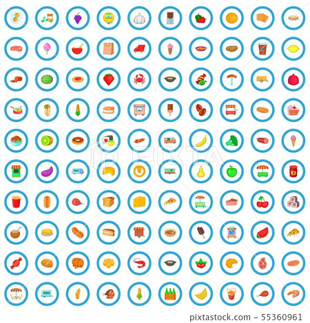 100 street food icons set, cartoon style 55360961