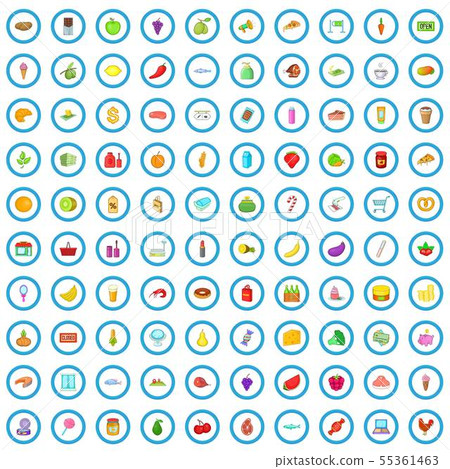 100 supermarket icons set, cartoon style 55361463