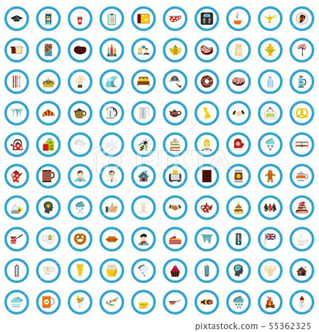 100 tea icons set, flat style 55362325