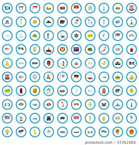 100 tourist attractions icons set, flat style 100 tourist attractions icons set, flat style 55362868