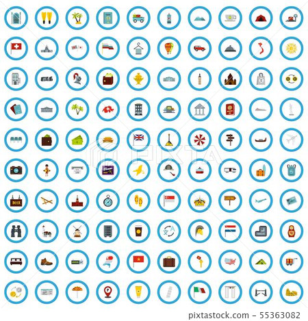 100 tour agency icons set, flat style 55363082
