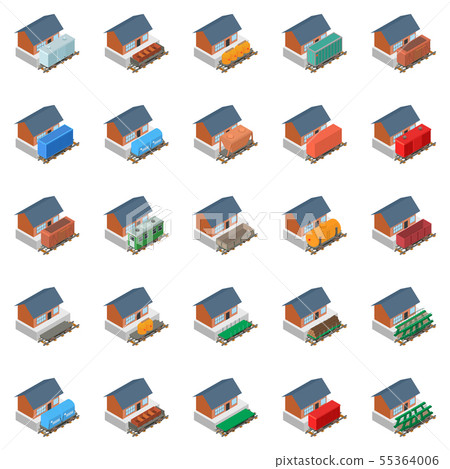 Railway station icons set, isometric style 55364006