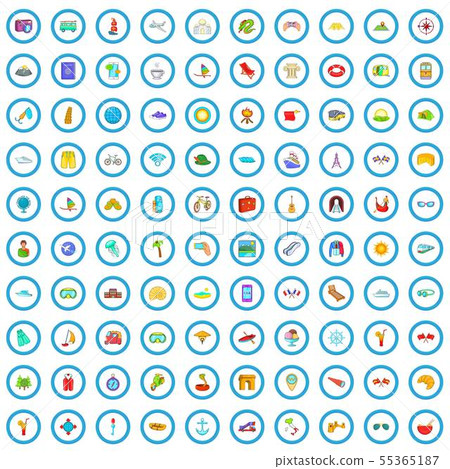 100 travel time icons set, cartoon style 55365187