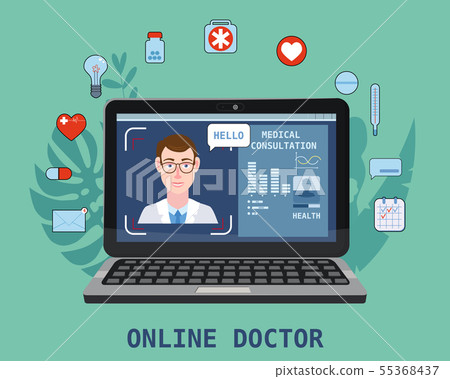 Online doctor men healthcare concept icon set. Doctor videocalling on a laptop. Online medical Online doctor men healthcare concept icon set. Doctor videocalling on a laptop. Online medical 55368437