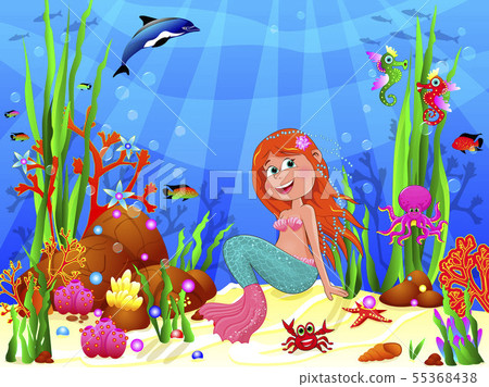 Cute joyful little mermaid in the underwater world Cute joyful little mermaid in the underwater world 55368438