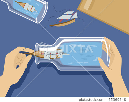 Hands Boat In Bottle Illustration 55369348