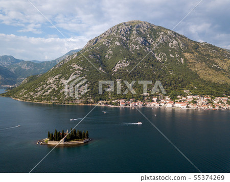 Aerial photo of St. George and monastery on the islands near Perast town in Kotor bay 55374269