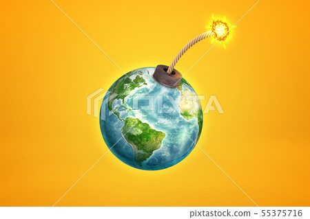 3d rendering of earth globe with ball bomb fuse on yellow background. Bomb ready to explosion. 3d rendering of earth globe with ball bomb fuse on yellow background. Bomb ready to explosion. 55375716