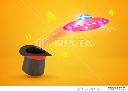 3d rendering of pink metal UFO flying out of black top hat on yellow background 3d rendering of pink metal UFO flying out of black top hat on yellow background 55375717