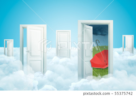 3d rendering of five doors standing on fluffy clouds, one door leading to green lawn with red 55375742