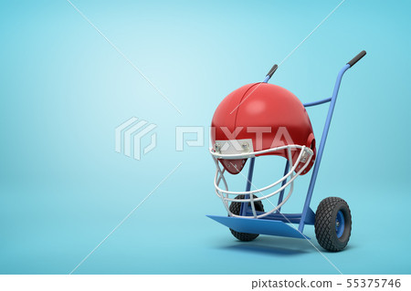 3d rendering of navy blue hand truck standing upright with red sport helmet on it on light-blue 55375746