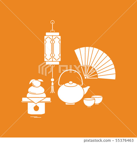 Chinese lantern, kettle, cups, fan, kagami mochi 55376463